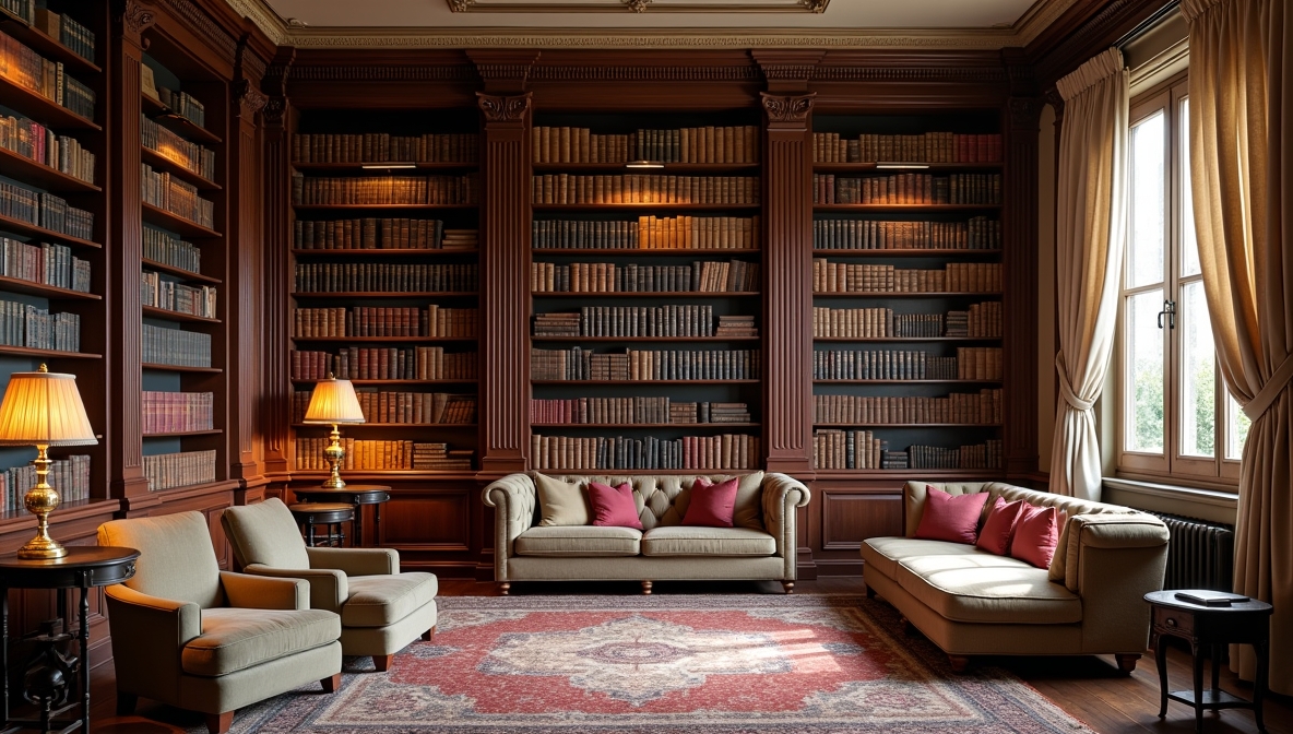 Biblioteca storica con scaffali in legno, divani e luce naturale