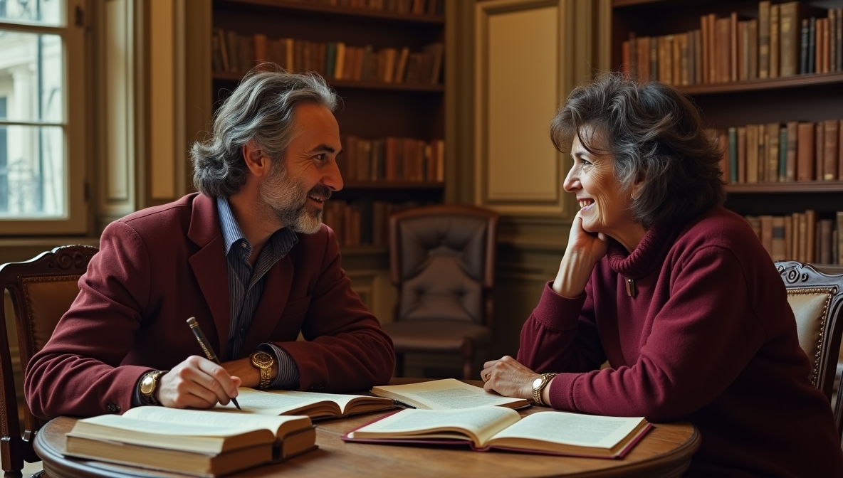 Due lettori conversano intorno a un tavolo con libri aperti
